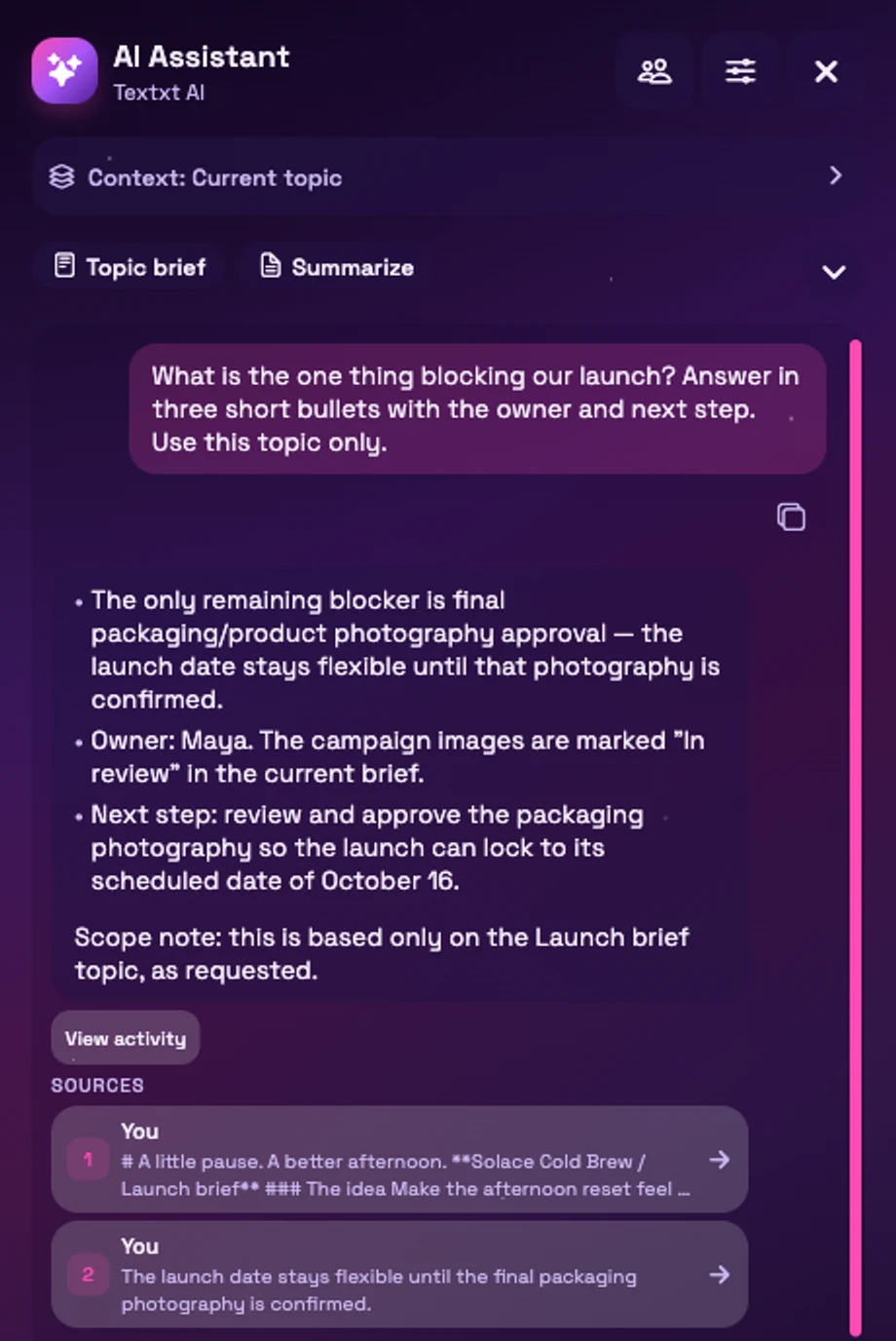 Textxt AI identifies photo approval as the launch blocker, names Maya, and cites the original brief