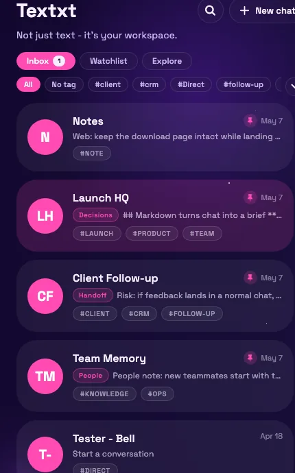 Textxt mobile chat list with tagged conversations organized by topic