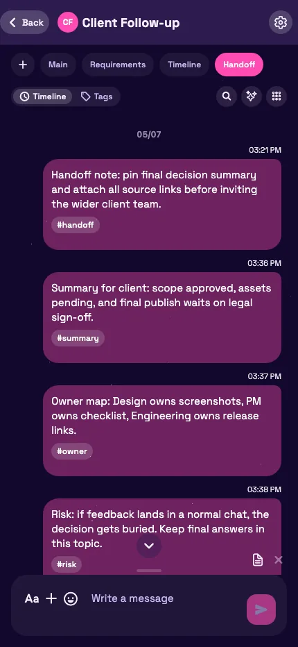A Textxt mobile chat with a scheduled reminder pinned to a message